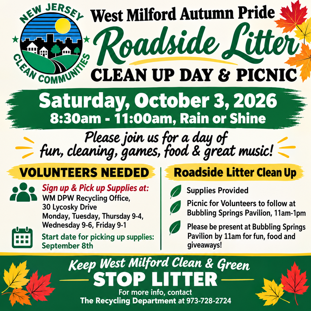 West Milford Autumn Roadside Litter Clean Up Day