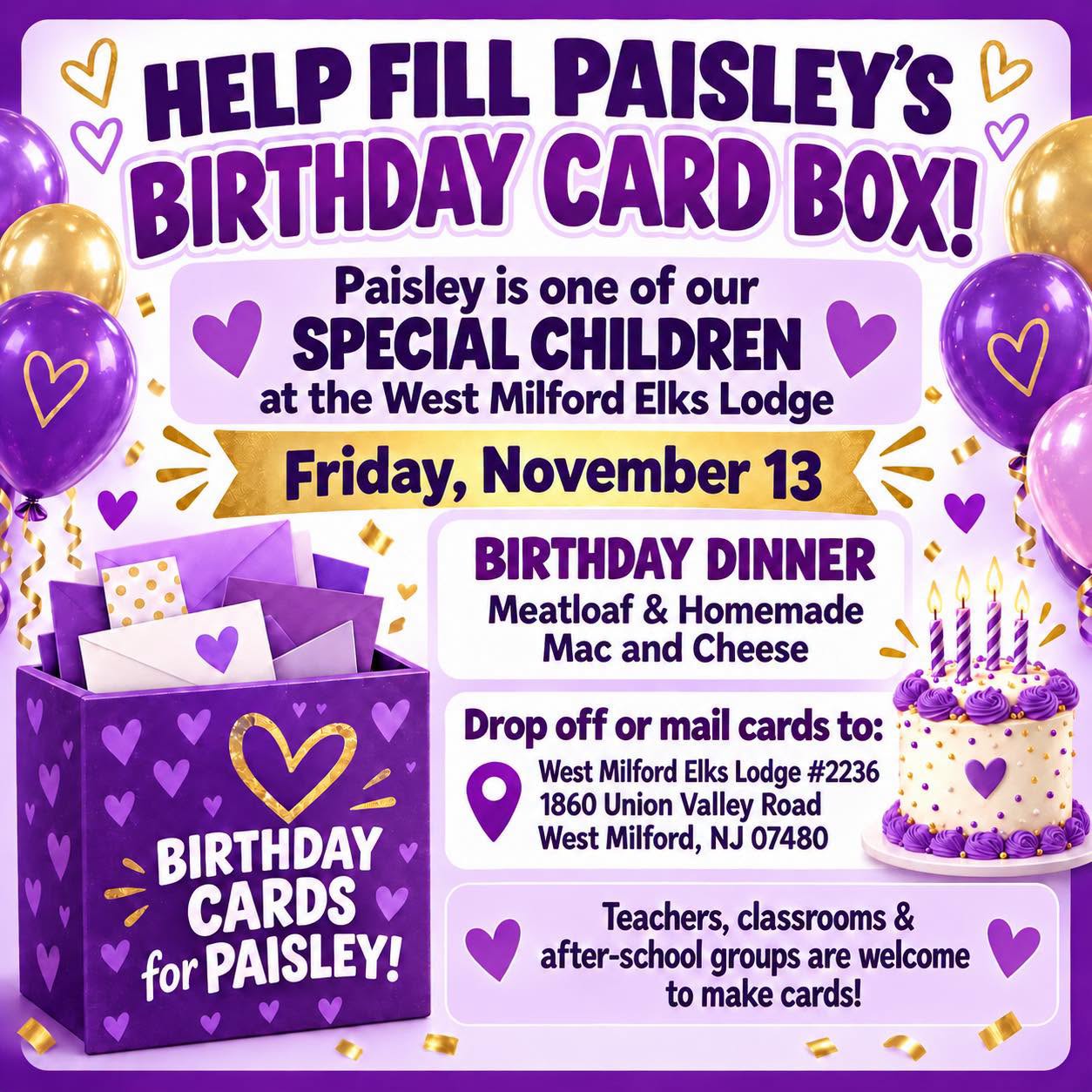 Help Fill Paisley's Birthday Card Box- West Milford Elks Lodge 2236